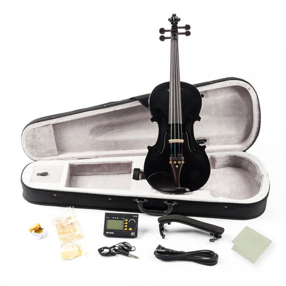 Canddidliike 4/4 Solid Wood EQ Violin Beginners Kit with Case, Bow, Shoulder Rest, Tuner and Connecting Wire Cloth - Black
