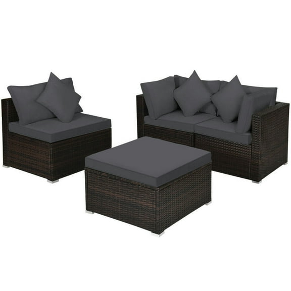 Canddidliike 4 Pcs Rattan Wicker Furniture Set with 2 Corner Sofas, Waterproof Cushioned Sofa Furniture Set, Patio Conversation Sofa Set for Garden, Patio, Gray