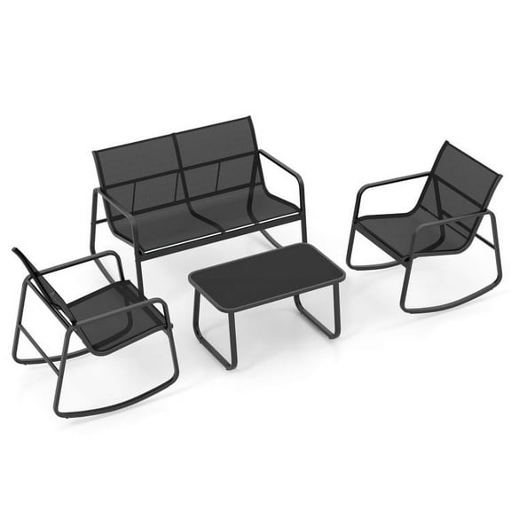 Canddidliike 4 Piece Patio Rocking Sett, Outdoor Patio Furniture Set with Glass-Top Table-Black