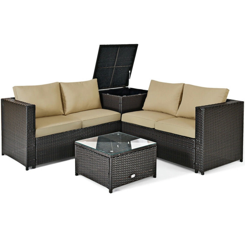Brown 4-Piece Rattan Wicker Outdoor Patio Set with Cushions