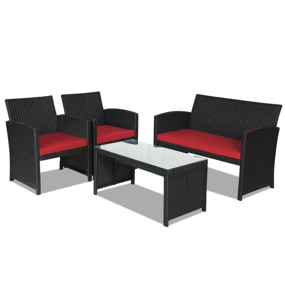 Canddidliike 4 Pieces Patio Rattan Furniture Set, Outdoor Patio Furniture with Weather Resistant Cushions and Tempered Glass Tabletop-Red