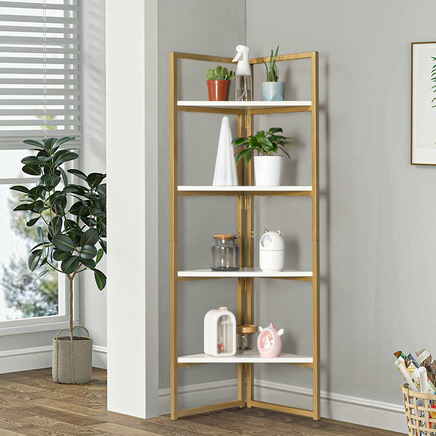 Triangle Shelf Rack Canddidliike 4-Tier Corner Ladder Wood Shelf, Triangular Shelf for ...