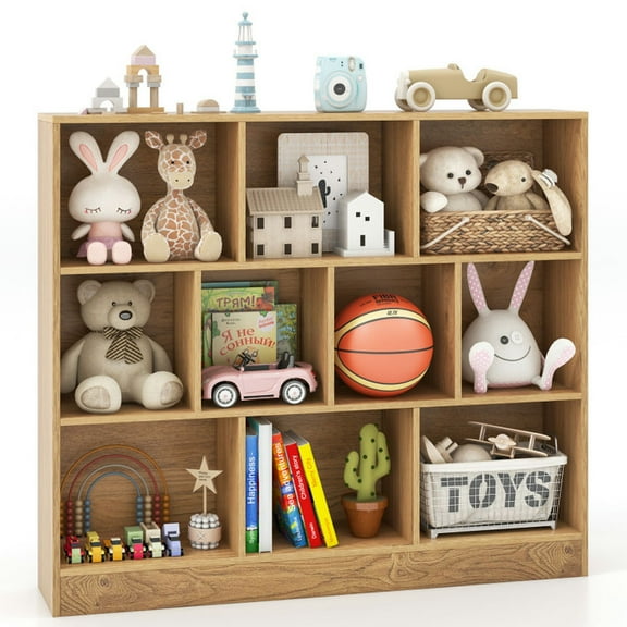 Canddidliike 41 Inches Wooden Toy Storage Organizer with 2 Anti-Toppling Kits, Toy Cabinet with Non-Slip Foot Pads, Wooden Toy Storage Organizer with 10 Open Cubes for Indoor, Natural