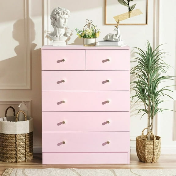 Canddidliike 5-Layer 6-Drawer Dresser, Modern Simple Drawer Cabinet with Gold Handle, Pink
