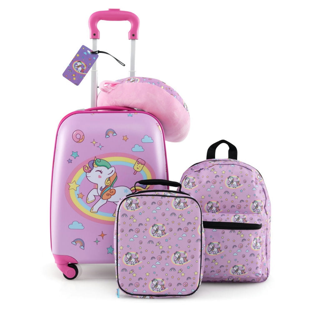 Canddidliike 5 Piece Kids Luggage Set with Backpack Neck Pillow Name Tag Lunch Bag-Hot Pink, Kids Luggage with Wheels, Riding Suitcase for Kids
