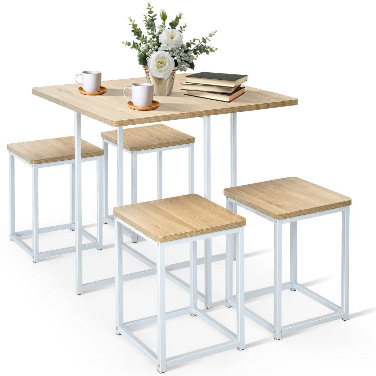 Natural Wood and White Compact Dining Table Set with 4 Stools