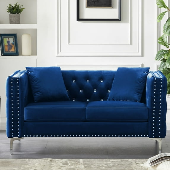 Canddidliike 59.4 Inch Wide Grey Velvet Sofa with Square Arm, 2 Pillow Elegant Couch with Jeweled Buttons, Blue