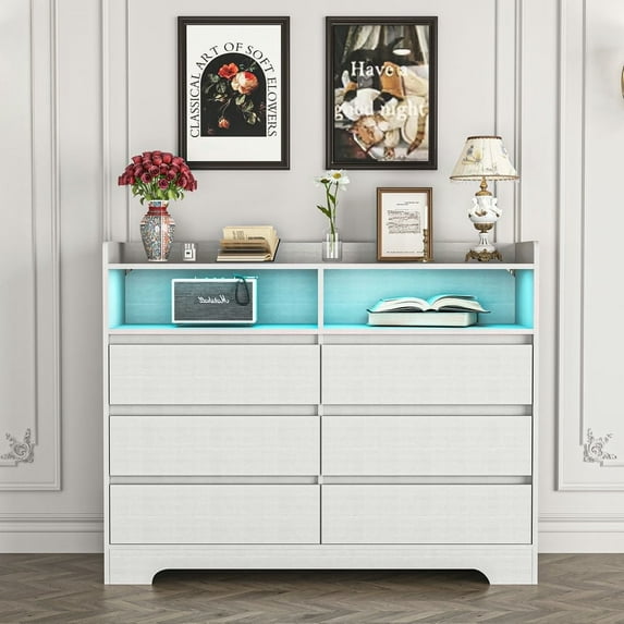 Canddidliike 6 Drawer Dresser with LED Light and Open Storage, Dresser for Bedroom, Modern Wood Chest Organizer, White