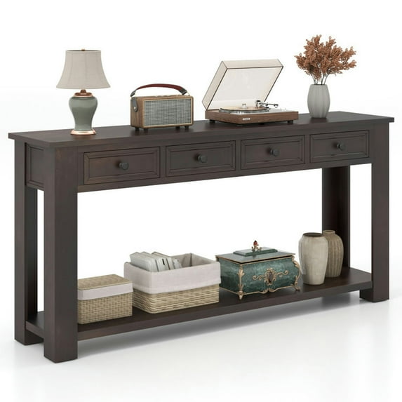 Canddidliike 63 Inches Farmhouse Entryway Table, Table with 4 Storage Drawers and Open Shelf-Espresso