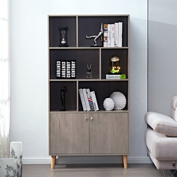 Canddidliike 67" Modern Bookcase, Wooden Bookshelf with 2 Doors & 6 Compartments - Oak