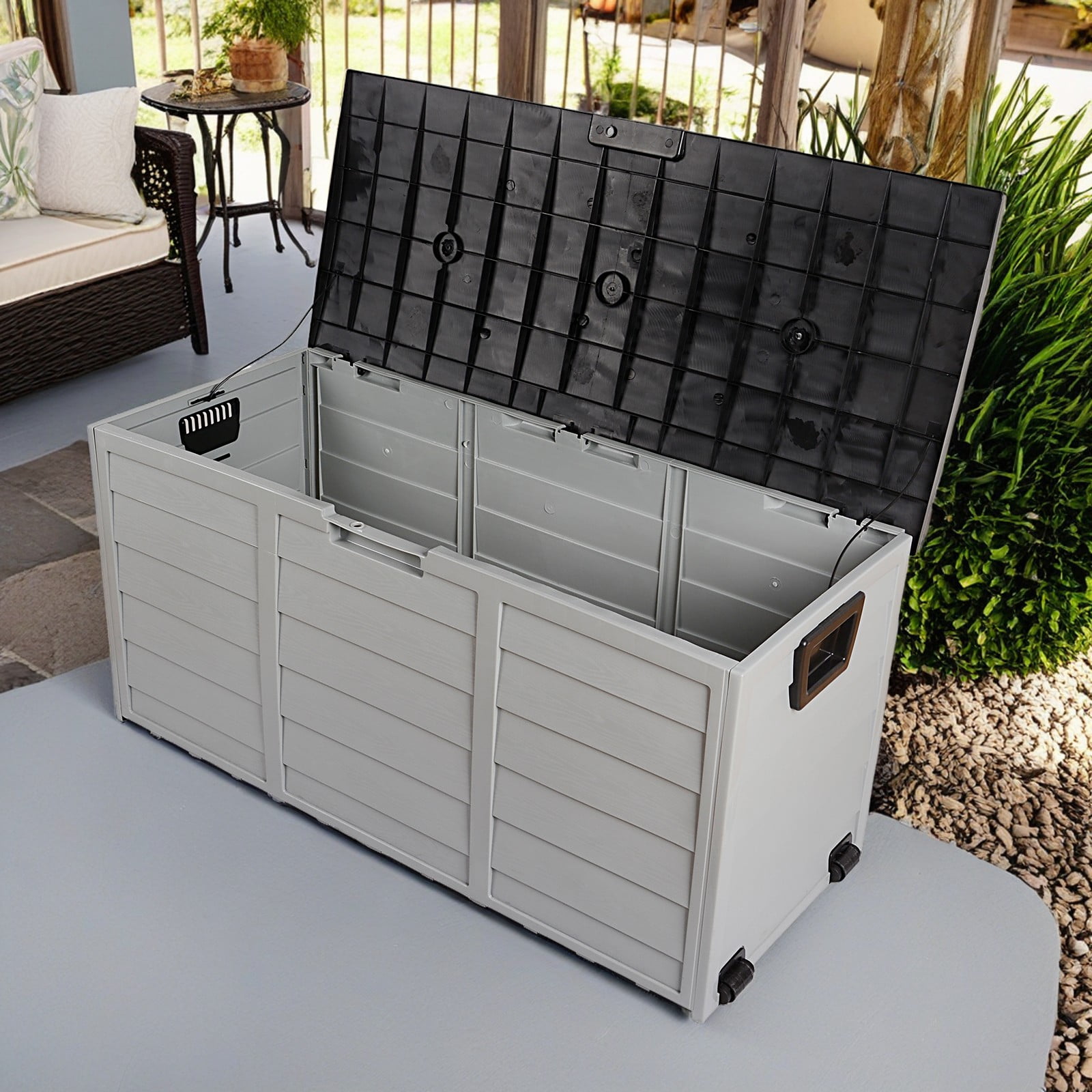 Canddidliike 75 Gallon Weather Storage Box on Wheel, Deck Bin Garden Bench for Outdoor Patio Seat - Black