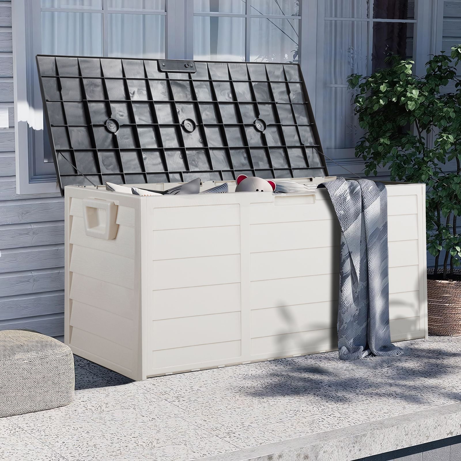 Canddidliike 75 Gallon Weather Storage Box on Wheel, Deck Bin Garden Bench for Outdoor Patio Seat - Black Canddidliike 75 Gallon Weather Storage Box on Wheel, Deck Bin Garden Bench for Outdoor Patio Seat - Black