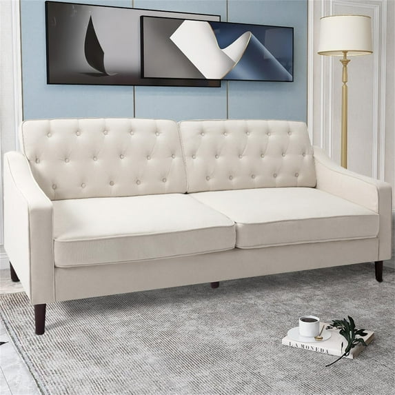 Canddidliike 77" Sofa Tufted Cushions Couch Furniture Mid Century Modern Upholstered Fabric Loveseat, Beige