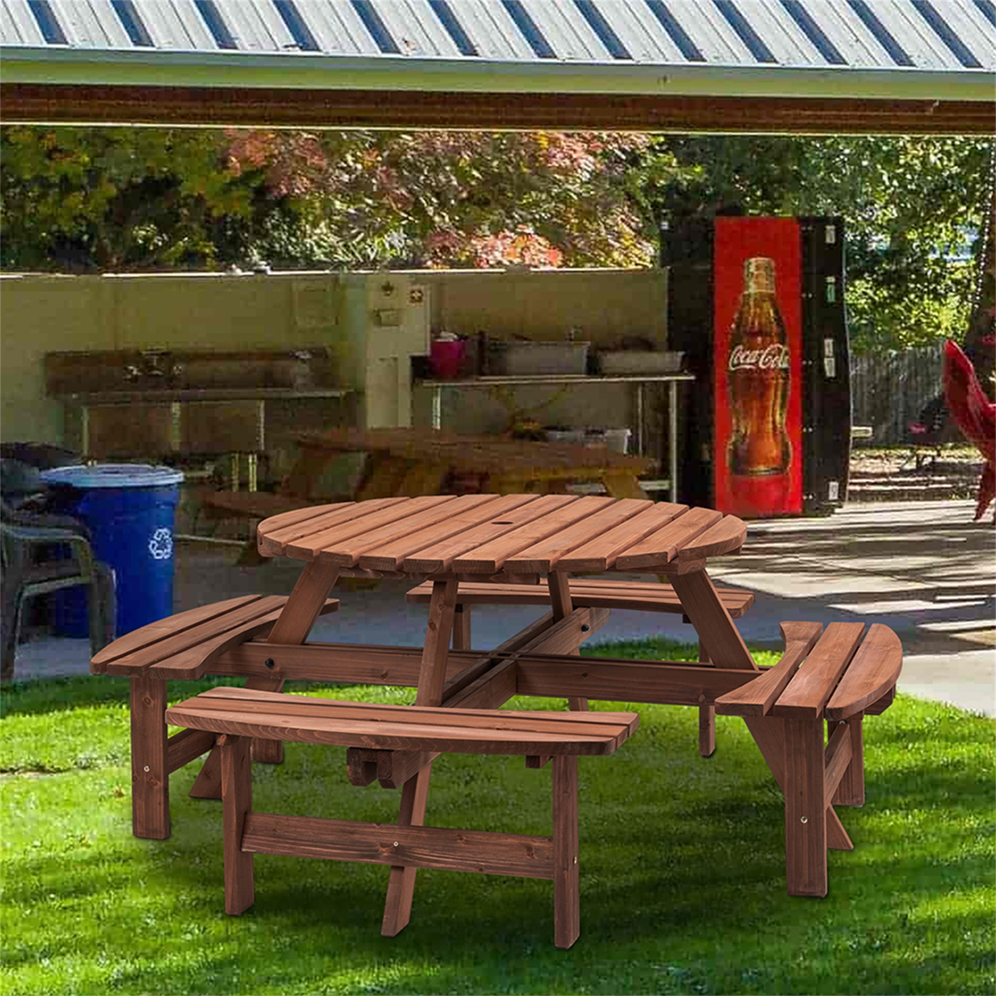 Canddidliike 8-Person Outdoor Circular Wooden Picnic Table with 4 Built-in Benches for Patio Backyard Garden, Brown Canddidliike 8-Person Outdoor Circular Wooden Picnic Table with 4 Built-in Benches for Patio Backyard Garden, Brown