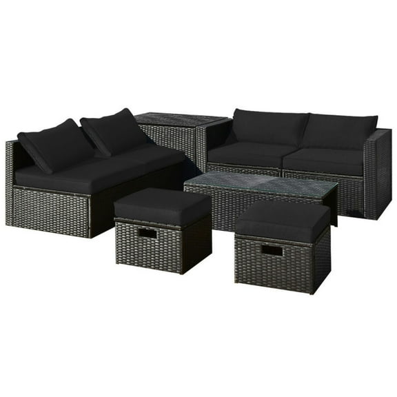 Canddidliike 8 Pieces Patio Rattan Storage Table Furniture Set, Space-Saving 8-Piece Modular Set with Weather Resistant PE Rattan and Rustproof Steel Frame, Patio Furniture Set for Outdoor, Black