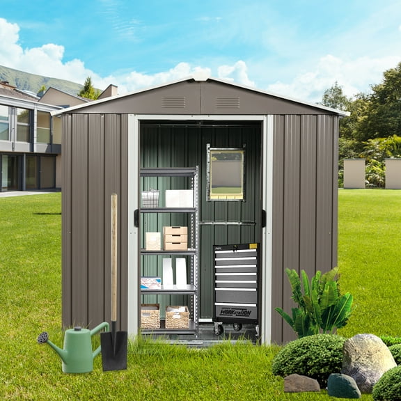 Canddidliike 8ft x 4ft Outdoor Metal Storage Shed With window, Garbage Can,Outdoor Metal Shed for Tool,Garden