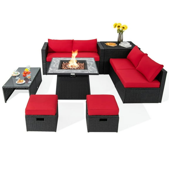 Canddidliike 9 Pieces Outdoor Sectional Sofa Set with Protective Covers, PE Rattan Sofa Set with 35 Inch Gas Fire Pit Table, Patio Sofa Set for Outdoor, Red