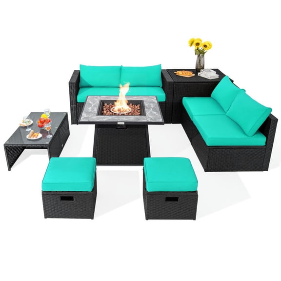 Canddidliike 9 Pieces Outdoor Sectional Sofa Set with Protective Covers, PE Rattan Sofa Set with 35 Inch Gas Fire Pit Table, Patio Sofa Set for Outdoor, Turquoise