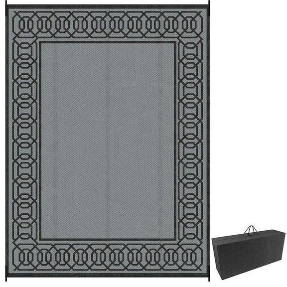 Canddidliike 9' x 12' Waterproof Plastic Straw Floor Mat, Reversible Outdoor Rug, Portable RV Camping Carpet, Large Floor Mat for Outdoor as Backyard, Deck, Picnic, Beach, Black & Gray Border