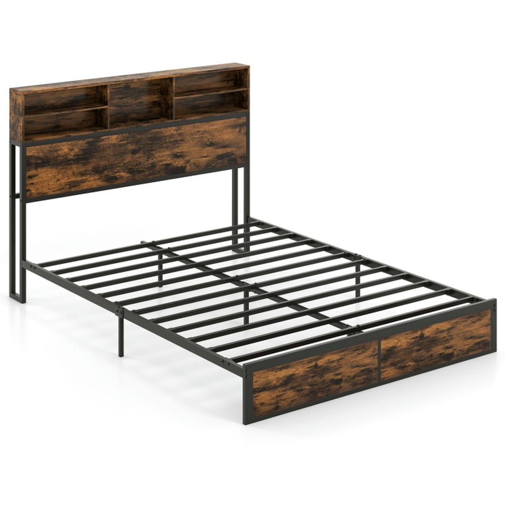 Canddidliike Bed Frame with Storage Headboard Industrial Metal Platform Bed, Queen Size, Simple Bed Frame for Bedroom, Brown
