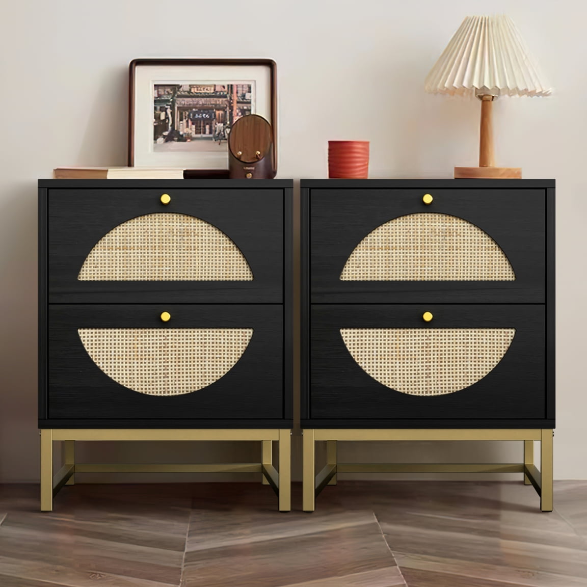 Canddidliike Set of 2 Black Accent Nightstand for Bedroom with 2 Drawers, Modern Mid Century Accent Bedside Tables Canddidliike Set of 2 Black Accent Nightstand for Bedroom with 2 Drawers, Modern Mid Century Accent Bedside Tables
