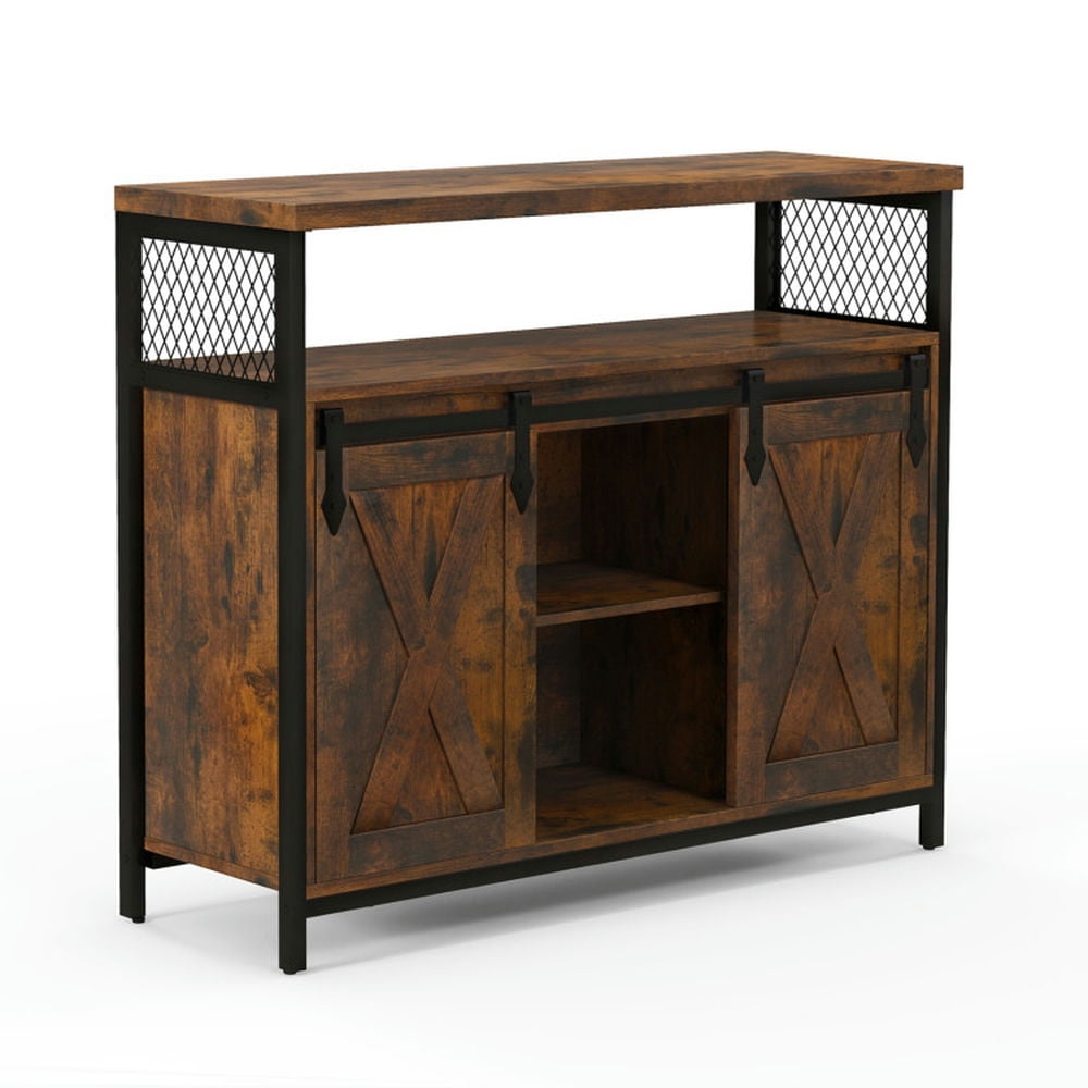 Rustic Brown and Black Engineered Wood Buffet Cabinet with Sliding Barn Doors