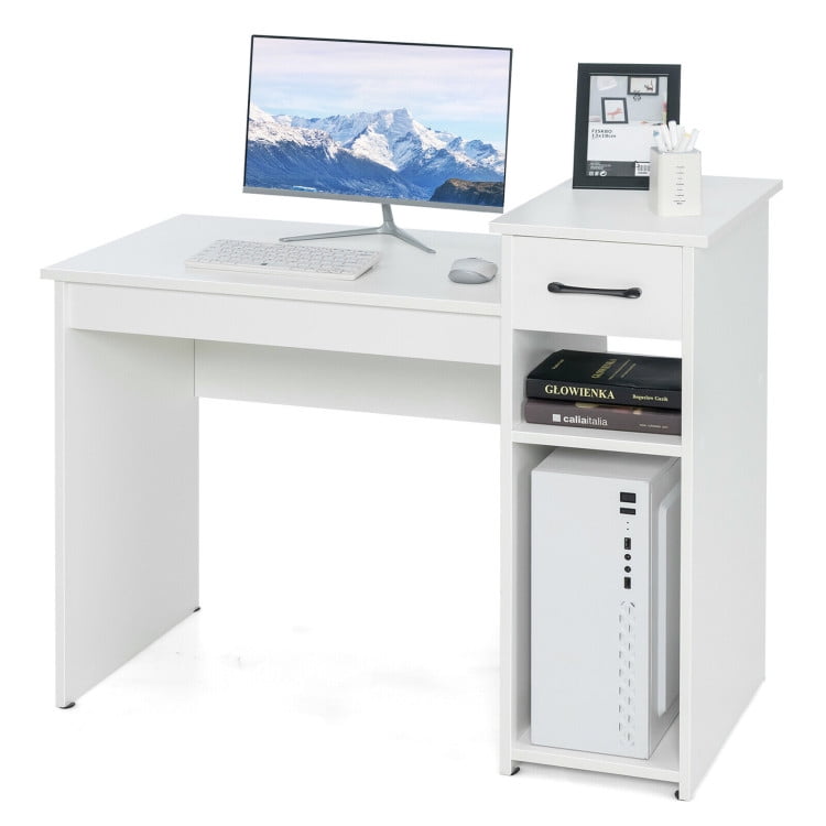 Elegant White Wooden Computer Desk with Drawer and Shelves