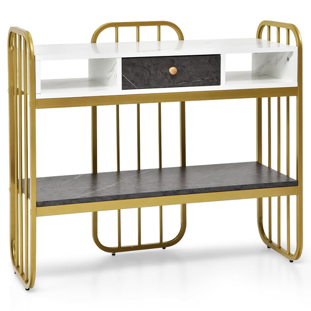 White Faux Marble and Gold Metal Console Table with Storage