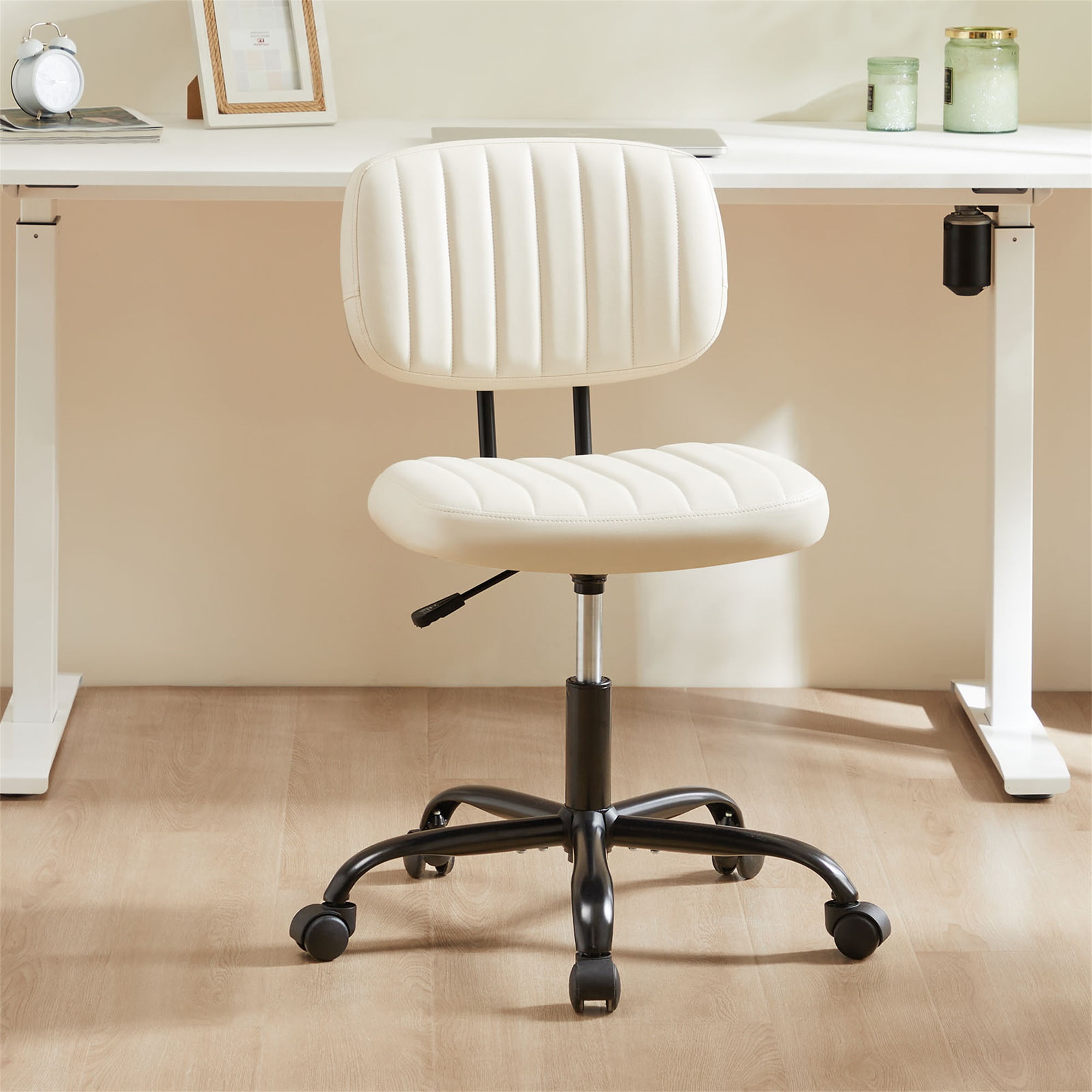 Canddidliike Cross Legged Armless Wide Adjustable Swivel Padded Fabric Home Office Desk Chair, Small Home Office Chair with Wheel, White Canddidliike Cross Legged Armless Wide Adjustable Swivel Padded Fabric Home Office Desk Chair, Small Home Office Chair with Wheel, White