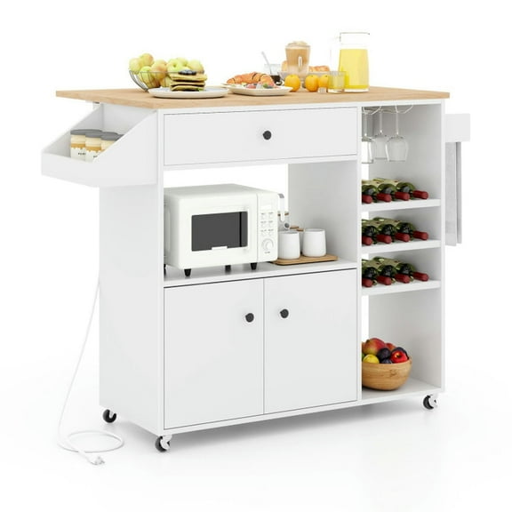 Canddidliike Drop Leaf Mobile Kitchen Island Cart with Power Outlet and Adjustable Shelf-White, Kitchen Island, Kitchen Storage Cabinets for Kitchen,Dinning Room