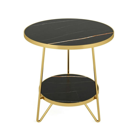 Canddidliike Faux Marble End Table, 2-Tier Round Sofa Bedside Table with Shelves, End Table for Bedroom, Black Faux Marble & Gold