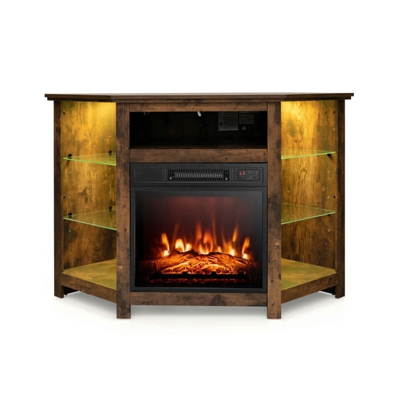 Canddidliike Fireplace Corner TV Stand with LED Lights and Smart APP Control for 50 Inches TV-Rustic Brown, Cabinet Media Console with Storage for Living Room Bedroom