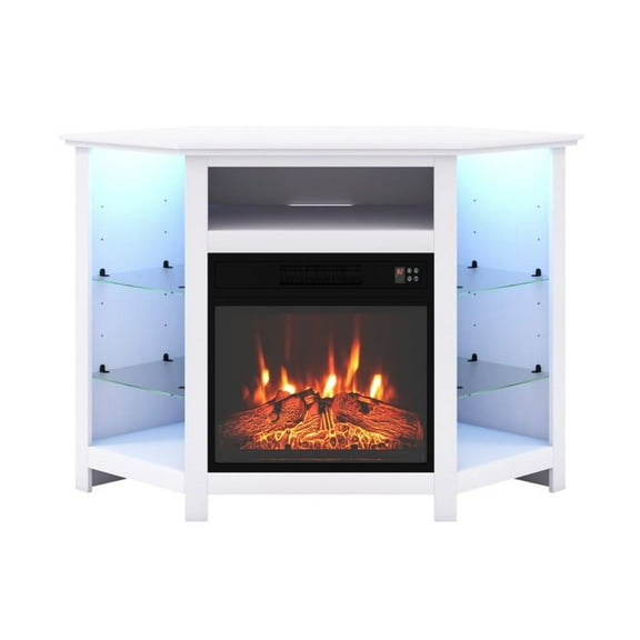 Canddidliike Fireplace Corner TV Stand with LED Lights and Smart APP Control, TV Stand for 50 Inches TV, Cabinet Media Console with Storage for Living Room Bedroom, White