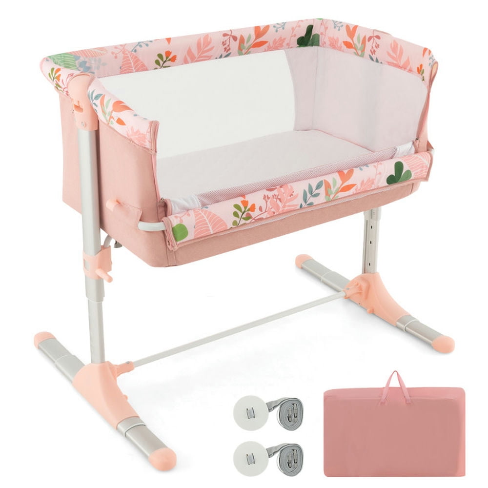 Canddidliike Folding Baby Bassinet Bedside Sleeper with 4 Adjustable Heights-Pink, Bedside Bassinet, Easy to Fold and Carry Travel Bassinet