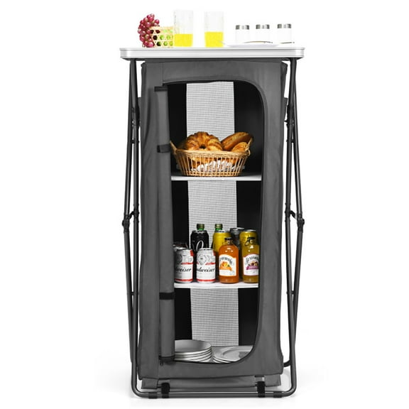 Canddidliike Folding Camping Storage Cabinet with 3 Shelves and Carry Bag-L, Outdoor Camping Pop Up Folding Table with Large 3-Tier Storage Organizer and Side Pockets, Easy Set