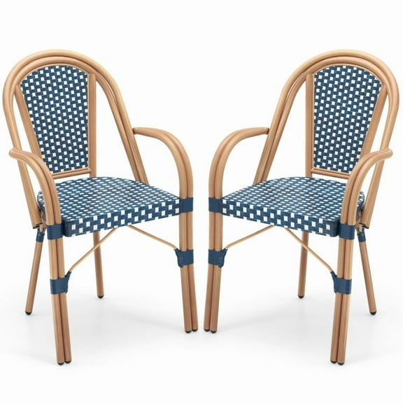 Canddidliike Hand-Woven PE Wicker Outdoor French Bistro Chairs Set of 2, Seating & Patio Chair for Outdoor, Blue