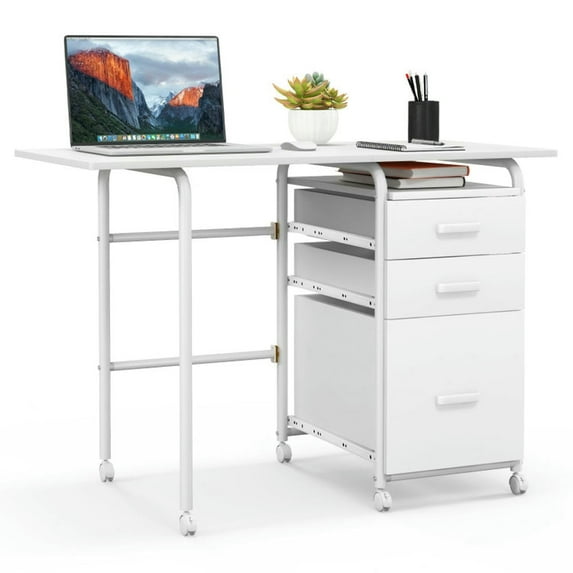 Canddidliike Home Office Folding Computer Laptop Desk Wheeled with 3 Drawers-White, Gaming Desk, Gaming Computer Desks for Study,Working,Writing