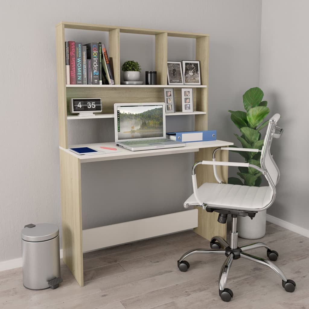 Canddidliike Home Office Student Study Writing Table with Open Storage in White and sonoma Oak