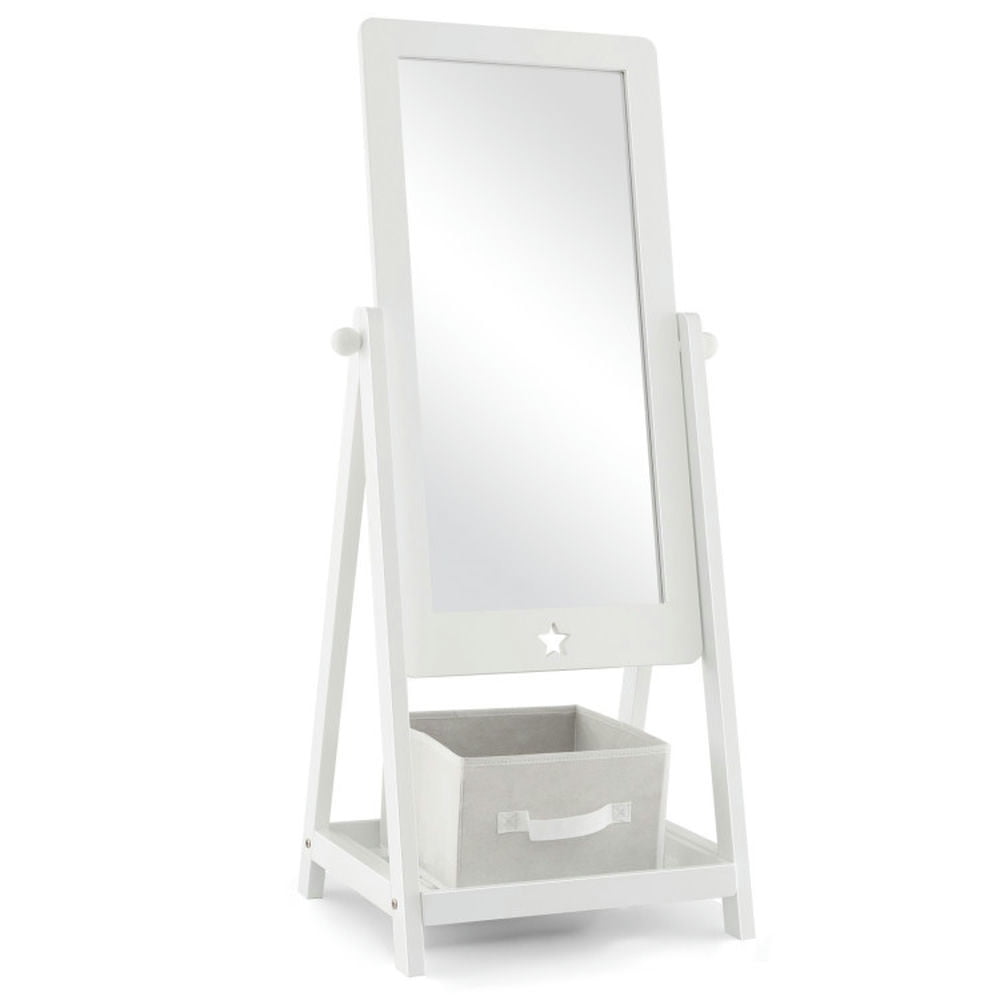 Canddidliike Kids Full Length Wooden Standing Mirror with Bottom Shelf and Foldable Storage Bin-White, Toddler Vanity for Girls Kids Canddidliike Kids Full Length Wooden Standing Mirror with Bottom Shelf and Foldable Storage Bin-White, Toddler Vanity for Girls Kids