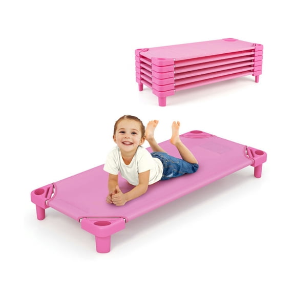 Canddidliike Kids Stackable Daycare Cot Pack of 6 with Detachable Oxford Cloth, Space-Saving Sleeping Cot with 4 Elevated Corners and Stable Structure, Daycare Cot Bed for Indoor, Pink