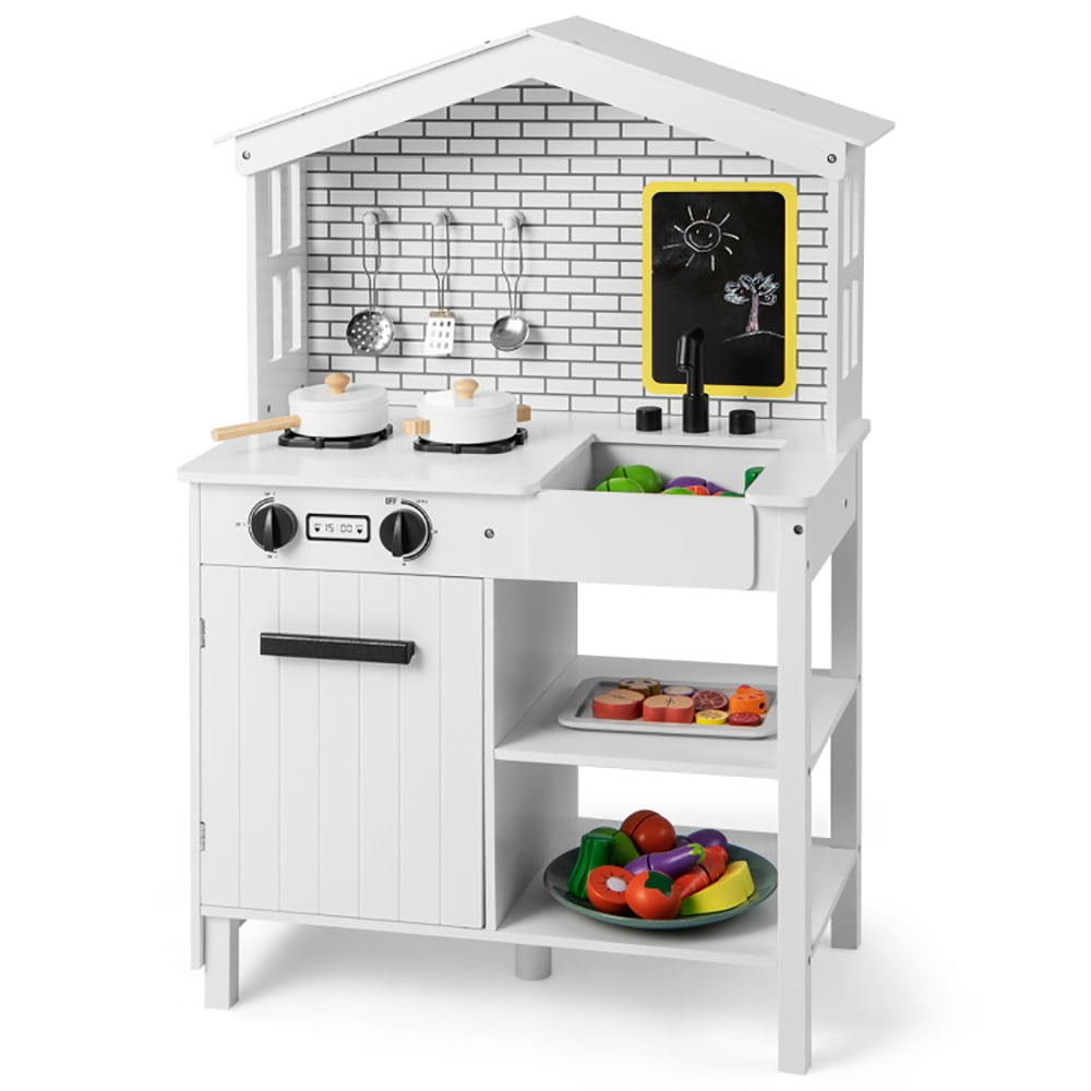 Canddidliike Kids Wooden Kitchen Play Set with Storage Shelves and Accessories, Play Kitchen Sets for Kids Ages 3-8, White, Play Kitchen for Kids, Wooden Kids Play