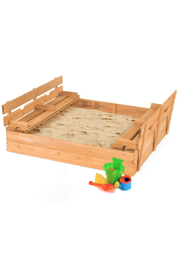 Kids Wooden Sandbox with 2 Foldable Bench Seats, Sandbox Sandpit, Outdoor Backyard Kids Pool for Beach Backyard Lawn Garden Easy Assembly