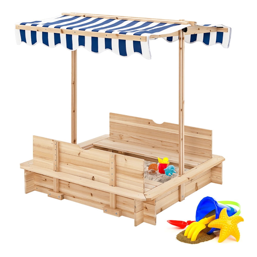 Canddidliike Kids Wooden Sandbox with Canopy and Bench Seats, Sandbox Sandpit, Outdoor Backyard Kids Pool for Beach Backyard Lawn Garden Easy Assembly
