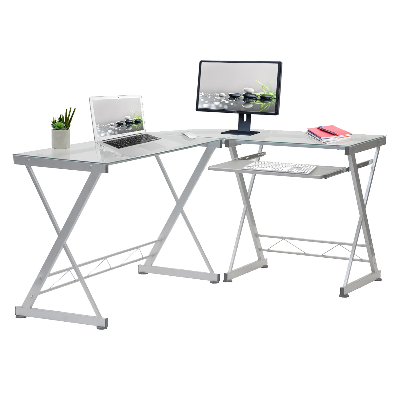 Reno Clear L-Shaped Glass Computer Desk with Keyboard Tray