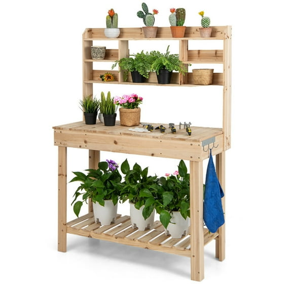 Canddidliike Large Garden Potting Bench Table with Display Rack and Hidden Sink-Natural, Heavy Duty Plant Holder Shelf for Home Indoor Outdoor