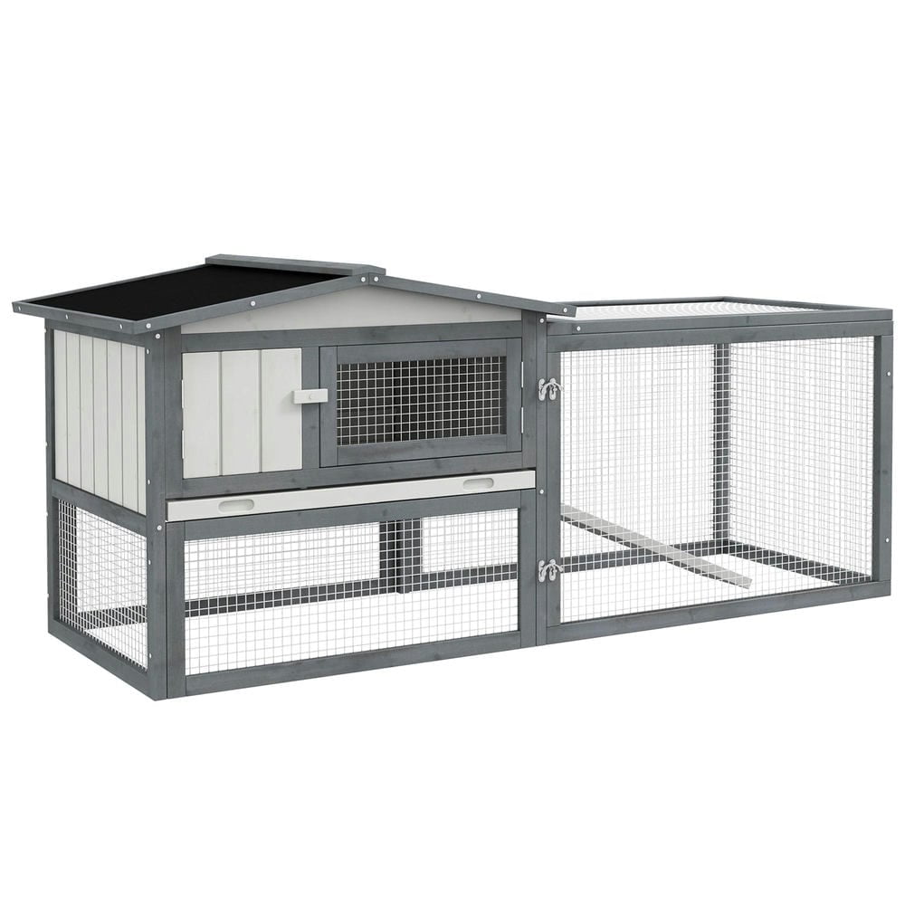 Canddidliike Large Rabbit Cage for Outdoor 61 inchL Guinea Pig Hutch w/ Run Feeding Trough Removable Tray Ramp Asphalt Roof, White