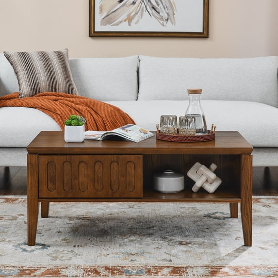 Canddidliike Mid Century Modern Fluted Coffee Table with Storage Sliding Door, Vintage Farmhouse Center Table with Solid Wood Leg, TV Stand for Living Room Apartment Office, Brown
