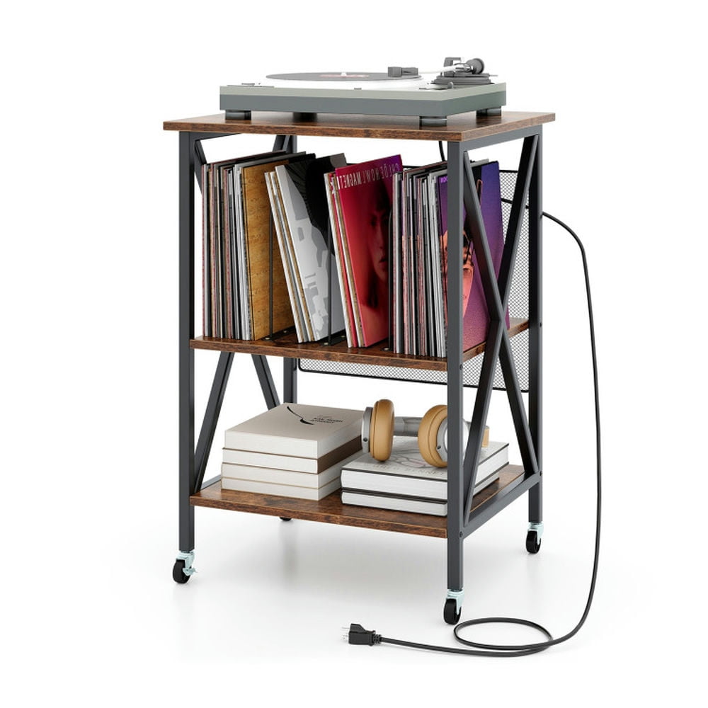 Rustic Brown Metal and Wood Record Player Stand with Cabinet