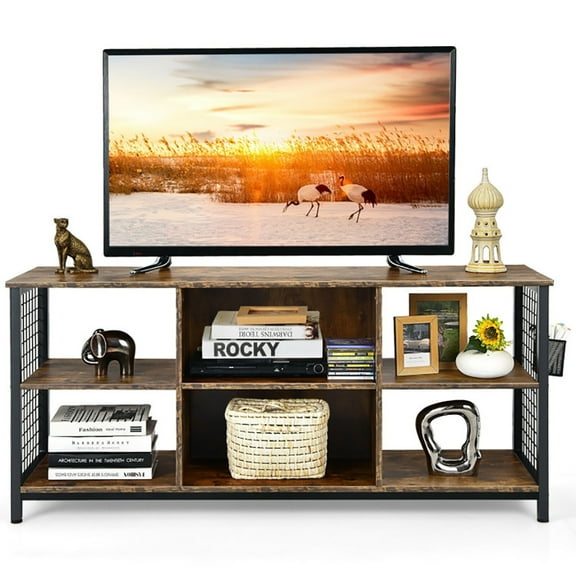 Canddidliike Mid-Century Wooden TV Stand with Storage Basket for TVs up to 65 Inch-Rustic Brown, Cabinet Media Console with Storage for Living Room Bedroom