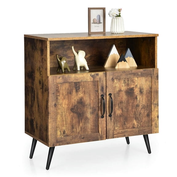Canddidliike Mid-century Wooden Storage Cabinet, Wine Glass Holders, Rustic Brown